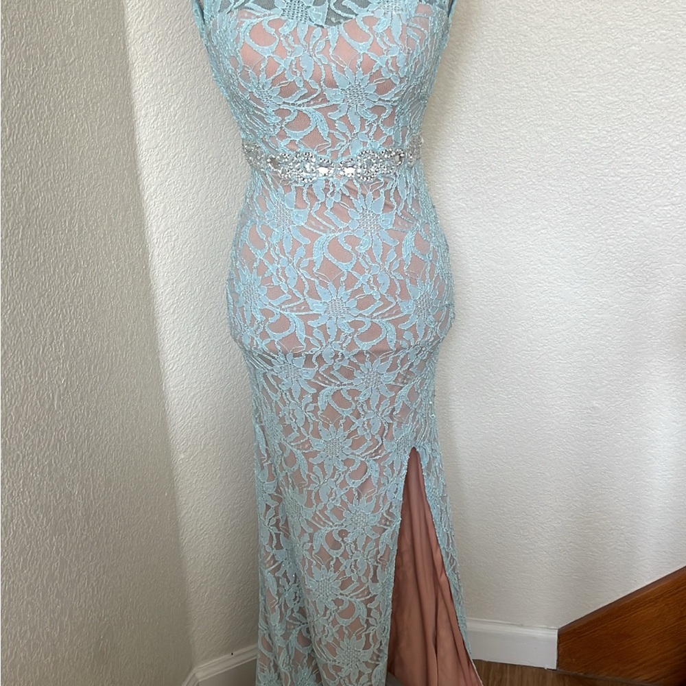 City Studio Lace Gown in Light Blue and Nude